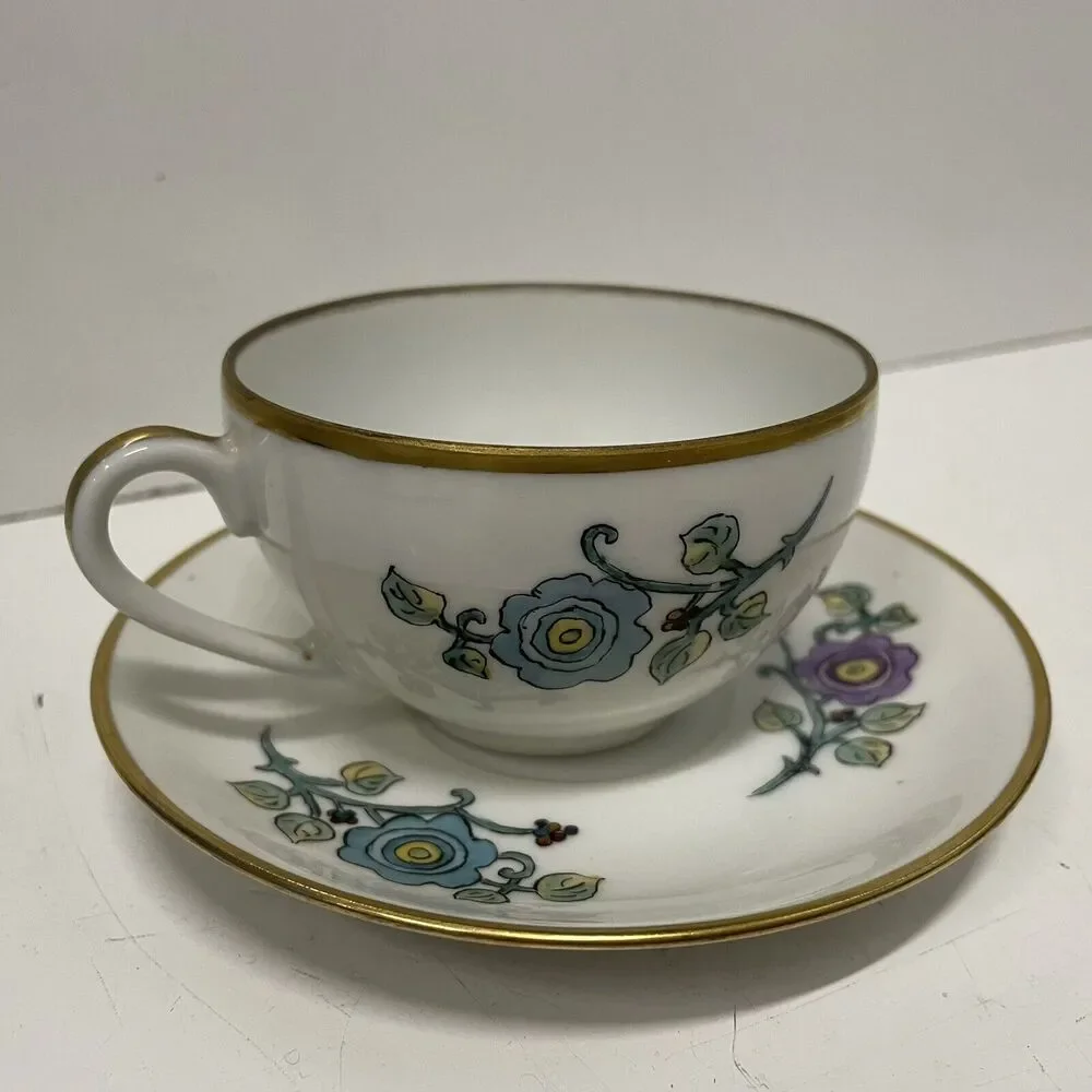 Vintage Tea Cup & Saucer Handpainted OCCUPIED JAPAN M.B. 1940s Floral Gold Trim